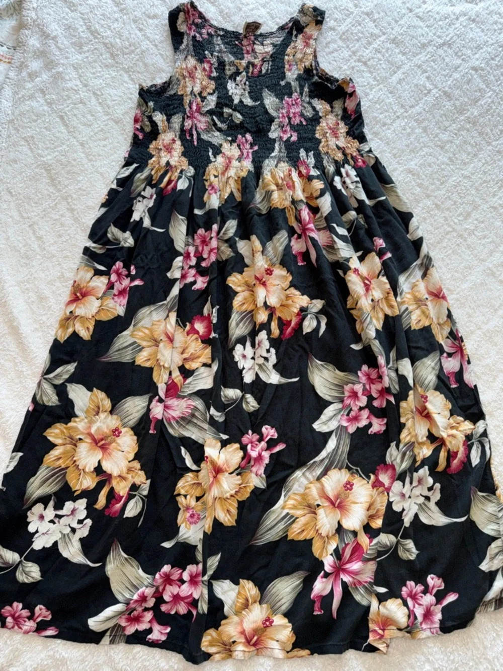 Aloha Hut Sleeveless Floral Maxi Dress with Pink & Yellow Blooms